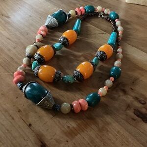 Colorful Beaded Necklace with Orange and Teal Highlights